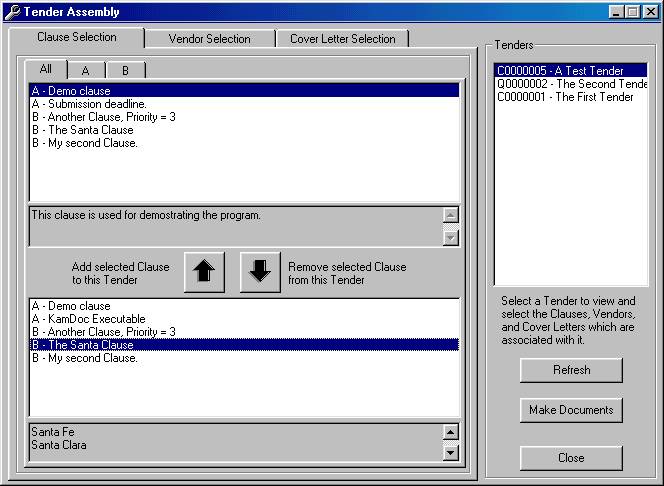 Tender Assembly Form - Clause Selection