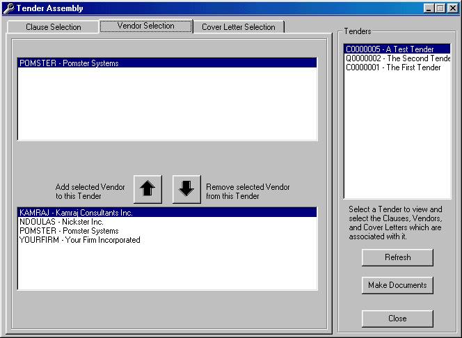 Tender Assembly Form - Vendor Selection