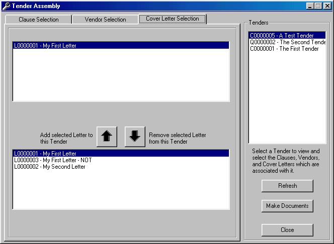 Tender Assembly Form - Letter Selection